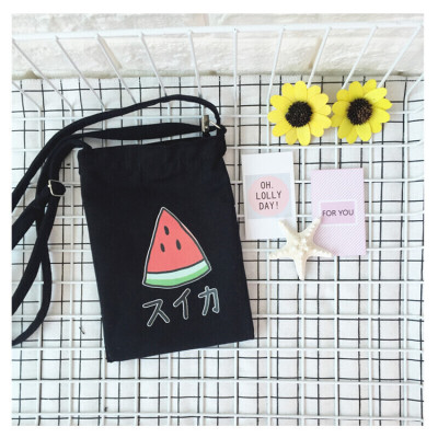 新款卡通图案清新百搭帆布包斜挎帆布女士文艺小方包手机包斜跨包学生SN8901-定制黑色西瓜黑色西瓜