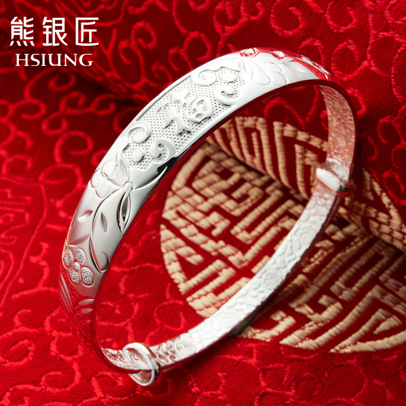 熊银匠S9999银手镯龙凤呈祥复古女款简约足银镯子送妈妈礼物银饰
