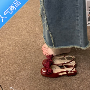 SUNTEK 复古红色蝴蝶结包头凉鞋低跟甜美配裙子仙女单鞋2023年