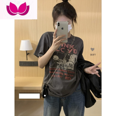 七斓短袖t恤女ins潮夏季大码2022新款深灰色正肩宽松半袖微胖上衣