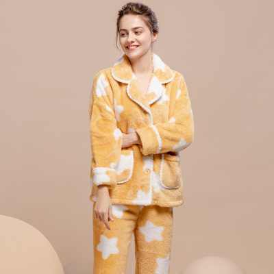 恒源祥睡衣秋冬女珊瑚绒可外穿套装加厚加绒保暖翻领家居服两件套