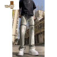 YANXU网红高街vibe风男女膝盖拉链牛仔裤宽松直筒哈伦裤可拆卸拉链长裤