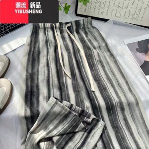 YIBUSHENG水墨画竖条纹冰阔腿裤女宽松凉凉防晒垂感中国风直筒休闲裤