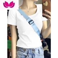 七斓设计感小众正肩方领短袖T恤女夏新款辣妹短款修身显瘦百搭上衣服