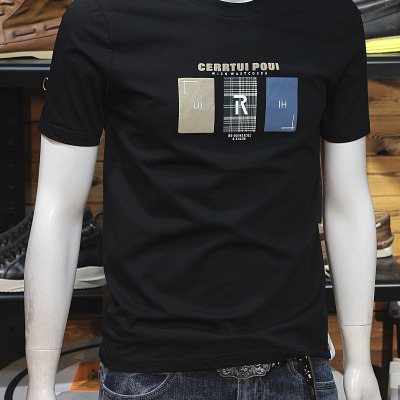 夏季字母短袖T恤男韩版青年修身印花丝光棉简单休闲上衣圆领半袖_1