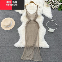 YIBUSHENG欧美时尚女人味名媛气质收腰显瘦中长款开叉镂空网纱吊带连衣裙