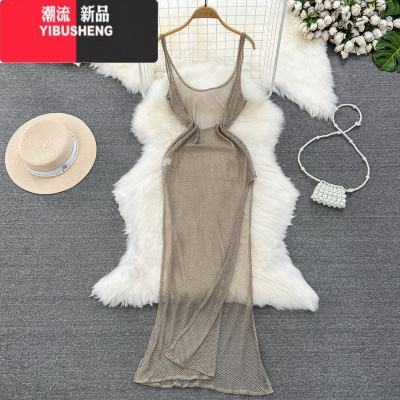 YIBUSHENG欧美时尚女人味名媛气质收腰显瘦中长款开叉镂空网纱吊带连衣裙