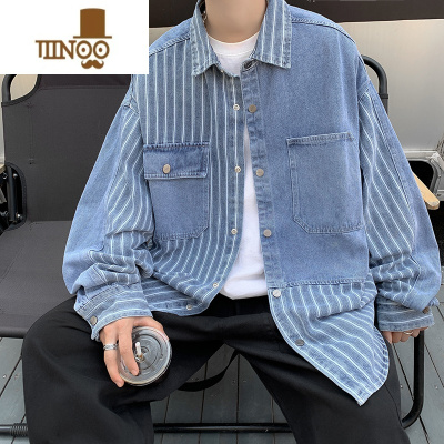 YANXU水洗条纹牛仔衬衫男外套潮牌日系机能宽松设计感情侣夹克上衣
