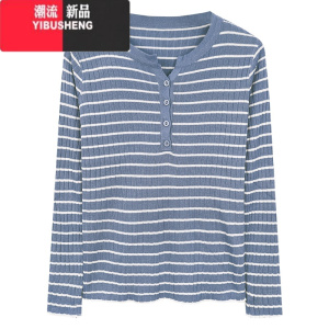 YIBUSHENG黑白条纹针织打底衫女季2023新款修身上衣小个子显瘦长袖毛衣