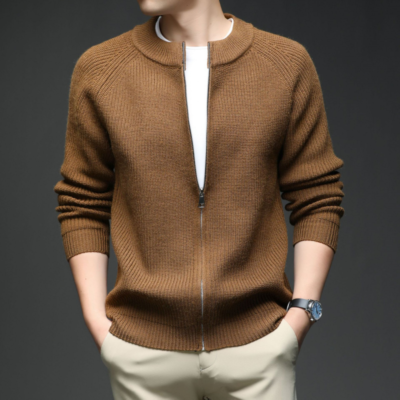 粗纺针织开衫男秋冬新款棒球领拉链保暖毛衣男士外套