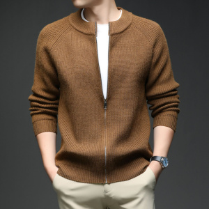 粗纺针织开衫男秋冬新款棒球领拉链保暖毛衣男士外套