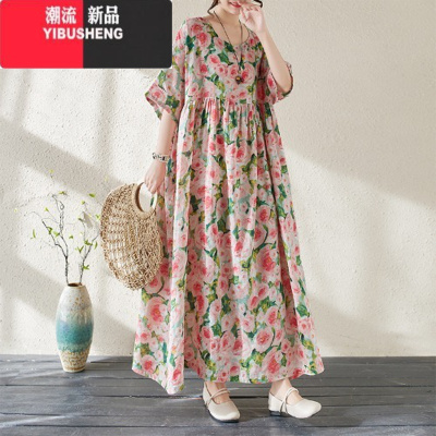 YIBUSHENG三亚度假连衣裙女季2024新款中年妈妈装宽松显瘦气质长款大摆裙