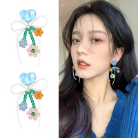 925纯银针海盐橘子耳钉女蓝色水晶蝴蝶结串珠流苏耳环多巴胺饰品送女朋友老婆情人节七夕生日礼物