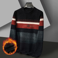 冬季多色彩花色加绒加厚针织衫圆领保暖毛衣条纹民族风男装毛衣