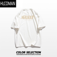 HLCOMAN美式vibe短袖t恤男夏季嘻哈高街潮牌字母印花酒红色上衣
