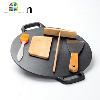 34cm加厚铸铁煎饼锅平底烙饼锅铁板鏊子燃气灶家用摊煎饼果子工具 FENGHOU 37cm[全套工具+防烫手套]煎锅