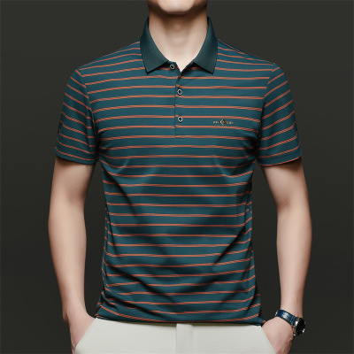 春夏季新款男士短袖T恤简约条纹翻领青年日式休闲透气长绒棉