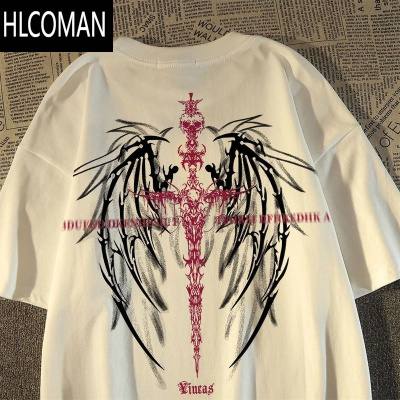 HLCOMAN欧美潮牌翅膀短袖T恤男ins夏季街头风宽松半袖上衣潮