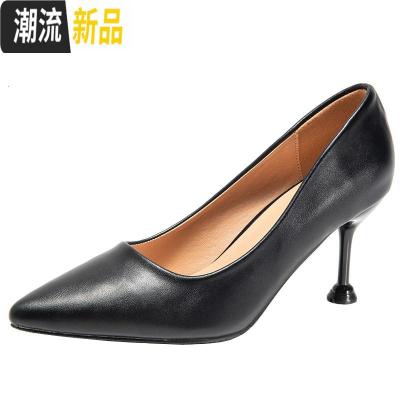 真皮工作鞋女黑色细跟舒适百搭浅口四季单鞋ol白领正装职业高跟鞋广赫