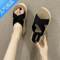 SUNTEK坡跟厚底拖鞋女夏外穿2023新款交叉女款松高凉鞋亚麻渔夫草编凉拖
