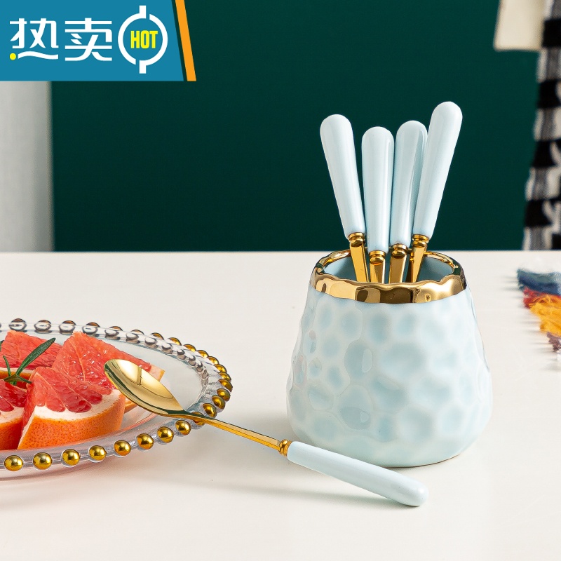 敬平水果叉子家用高端收纳罐蛋糕叉儿童果叉甜品小叉子不锈钢 [天蓝色带金边]★带6勺牙签