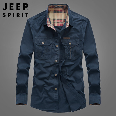 JEEP吉普春夏季衬衫男长袖休闲宽松大码纯棉口袋长袖衬衫SH62008