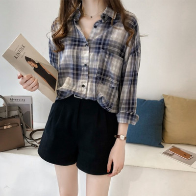 语娄上衣春秋女装新款复古港味格子衬衫女长袖大码宽松衬衣百搭薄外套2021大码女装
