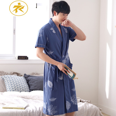 Ideamini夏季情侣睡袍女士棉薄款性感短袖睡衣中长款浴衣夏天棉浴袍男睡袍