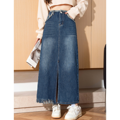 [3件8.5折135.9元,叠加优惠券]唐狮牛仔半身裙秋季新款不对称毛边高腰直筒长裙开叉包臀裙qz