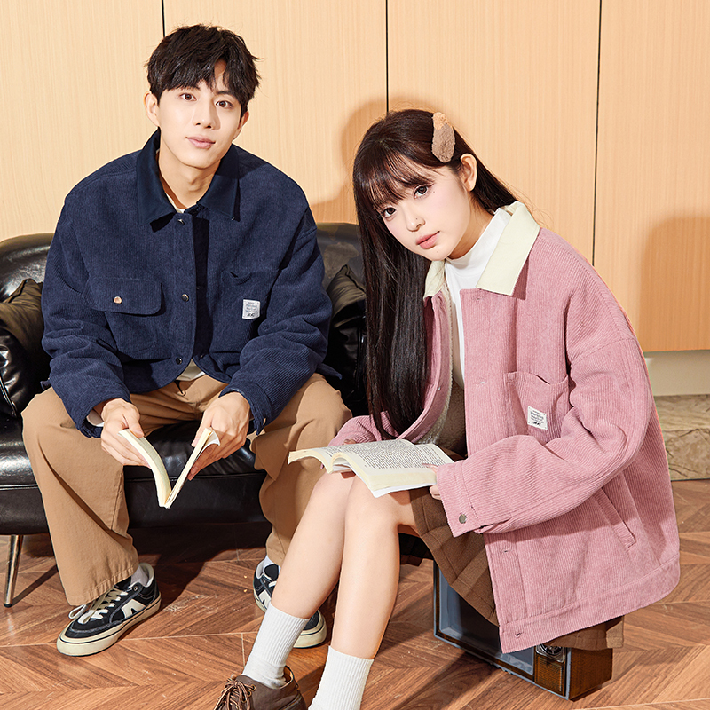 [2.5折价233元]唐狮冬季新款情侣灯芯绒厚外套男女翻领仿羊羔绒保暖短款夹克