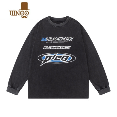 YANXU美式复古水洗做旧印花长袖T恤男高街潮牌ins休闲情侣圆领卫衣