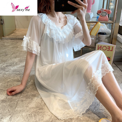 睡裙女夏季睡衣可爱白色纯短袖全大码网红薄款家居服FISHBASKET