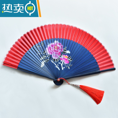 XIANCAI中国风古典女式随身折扇蹦迪酒吧舞蹈扇子汉服日式开合顺滑送流苏 蓝骨大红牡丹(送流苏)