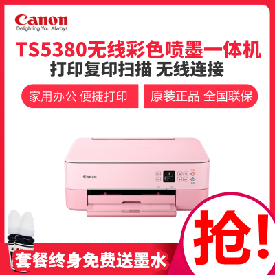 佳能（Canon）TS5380照片打印机家用小型无线WiFi彩色喷墨多功能一体机打印复印扫描手机办公彩色照片打印机TS5180升级款粉红色套餐三