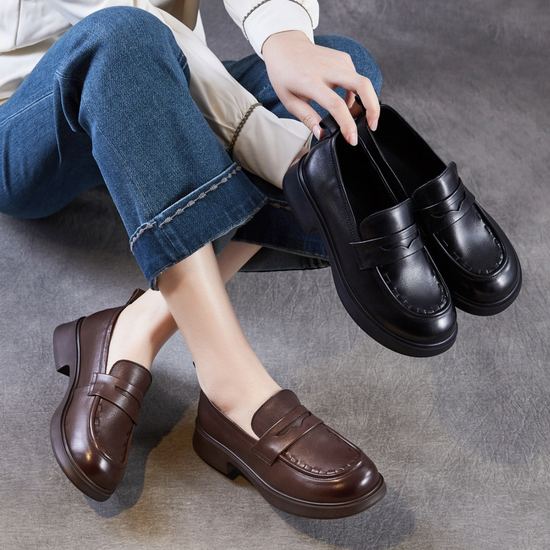 真皮乐福鞋女2026春季新款厚底懒人单鞋一脚蹬学院风jk制服小皮鞋