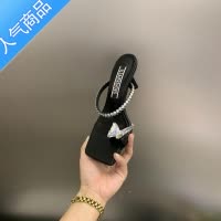 SUNTEK水钻凉鞋~2023夏季新款蝴蝶结一字带细跟拖鞋女外穿时尚高跟鞋
