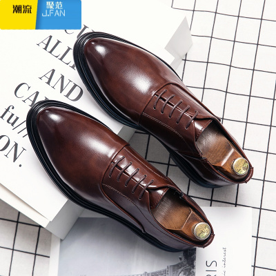 聚范休闲皮鞋男英伦尖头商务正装上班新郎结婚夜店发型师黑色韩版男鞋