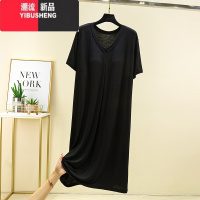 YIBUSHENG莫代尔V领连衣裙女季大码宽松薄款短袖家居睡裙A字裙大摆裙长裙