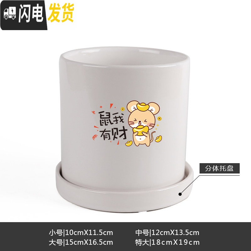 三维工匠鼠年本命年装饰创意中国红插银柳简约圆柱绿植多肉带托盘陶瓷花盆 鼠我有财-亮光白 中等花盆容器