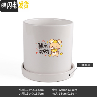 三维工匠鼠年本命年装饰创意中国红插银柳简约圆柱绿植多肉带托盘陶瓷花盆 鼠我有财-亮光白 中等花盆容器
