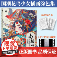 南枝依依 国潮花鸟少女插画涂色集 国风少女涂色线描集 国潮元素东方美学传统文化元素图集 附赠涂色参考和视频示例