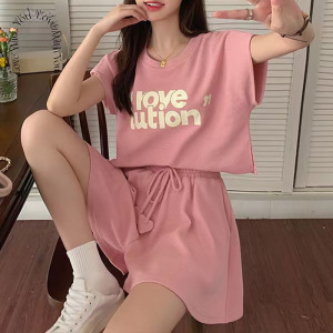 夏季新款可盐可甜套装女运动服背心T恤阔腿短裤跑步两件套女