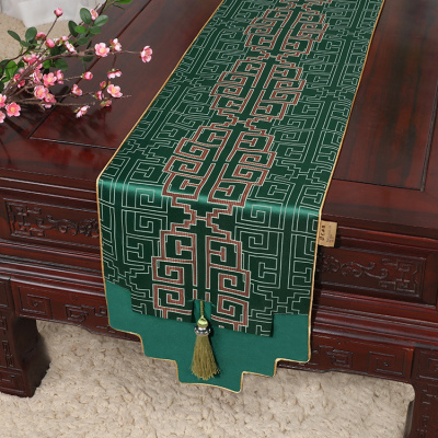 美帮汇新中式古典玉桌旗茶几长条布艺中国风桌布床柜旗电视柜盖布 如意纹绿 34*200适合桌长140-150CM