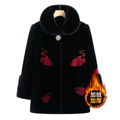 妈妈冬装仿水貂绒外套中老年女装加绒加厚棉服奶奶绣花毛呢大衣