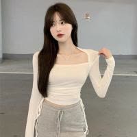 性感方领打底衫女设计感小众春秋新款内搭长袖T恤修身抽绳上衣潮