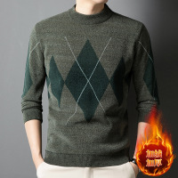 新款男式加绒上衣中年男士加厚打底衫圆领一体绒毛衣针织衫男装