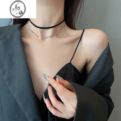 JiMiLACELIPS韩国简约设计黑色皮革双层闪钻项链女轻奢小众气质锁骨链