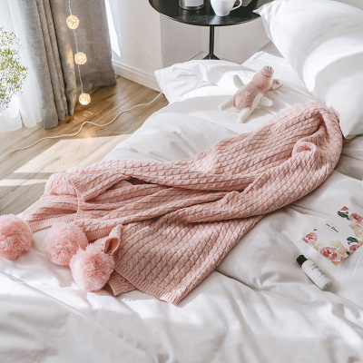 北欧简约纯色球球毯子全棉线毯可爱针织盖毯披肩毯子儿童毛毯