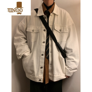 YANXU白色牛仔外套男生2023新款工装休闲夹克宽松翻领上衣