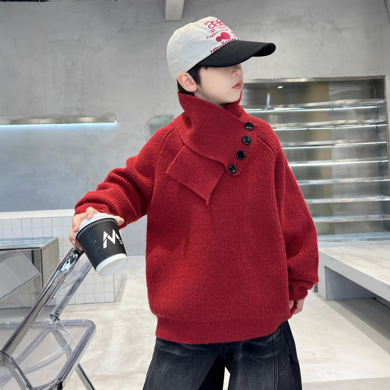 男童红色毛衣2026新款大儿童冬装加厚上衣圣诞节围巾可拆卸针织衫